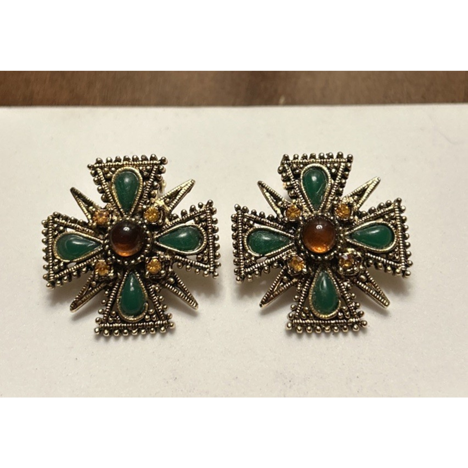Art Arthur Pepper Green Stone/Amber Rhinestone Maltese Cross Earrings